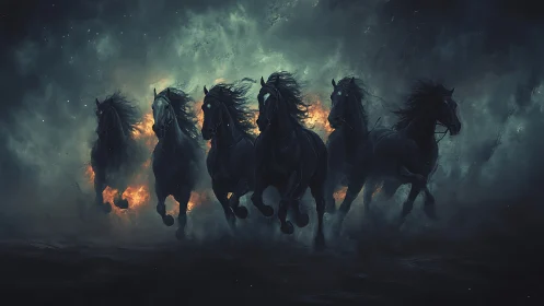 Spectral warhorses charging through infernal storm haze.