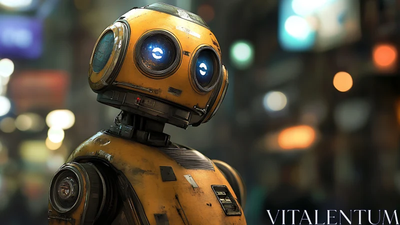 Yellow service robot with glowing eyes in urban night scene.