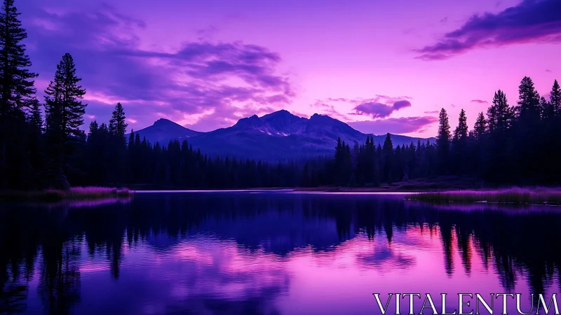 Peaceful purple sunset over a calm forest lake.