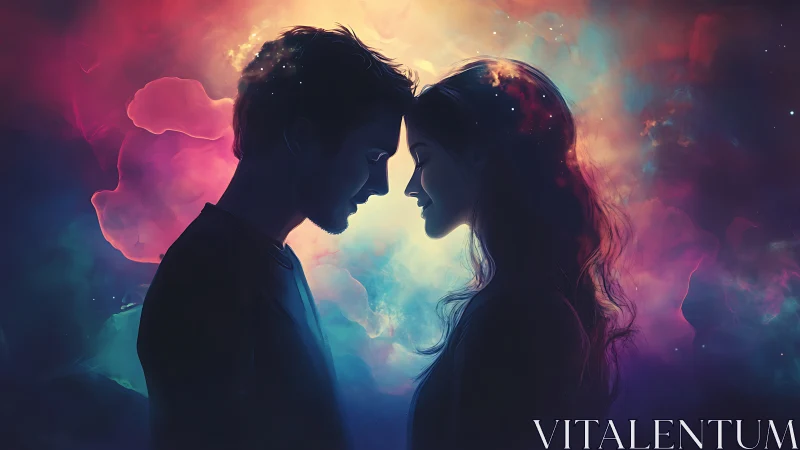Silhouetted Couple in Cosmic Light, Facing Each Other.