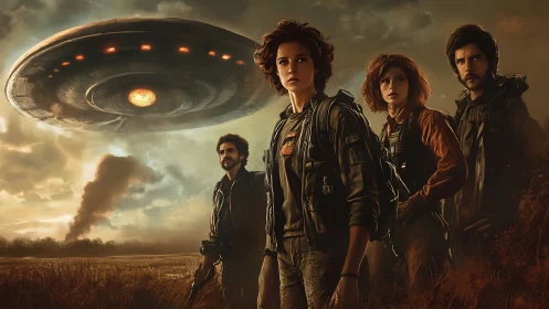 Four armed humans under huge hovering alien spacecraft.