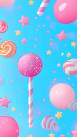 3D Candy Composition: Lollipop Spheres with Star Elements on Cyan Ground