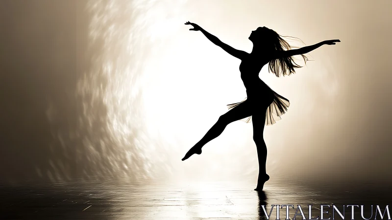 Silhouette of graceful dancer posed against glowing backdrop.