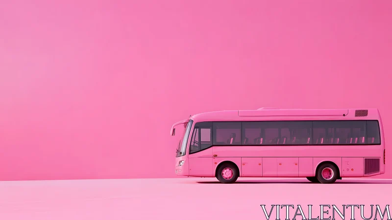 Side view of pink tour bus in monochromatic studio setting.