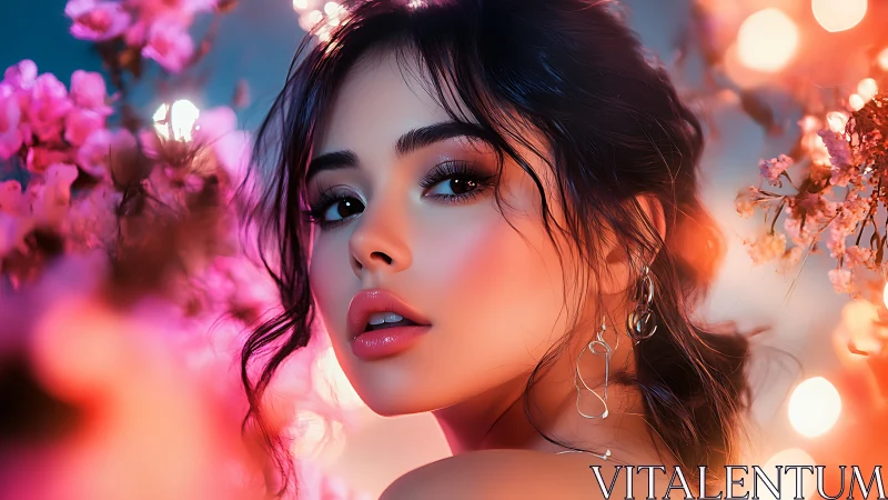 Softly glowing portrait amid dreamy pink blossom lights.