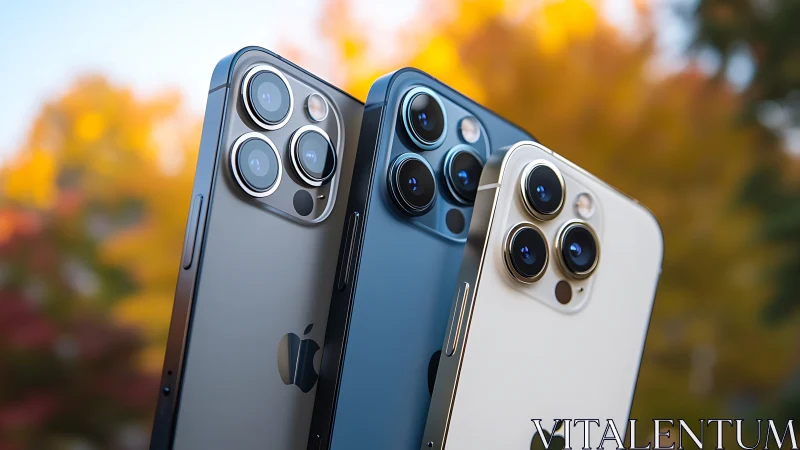 Three modern smartphones with triple camera modules outdoors.