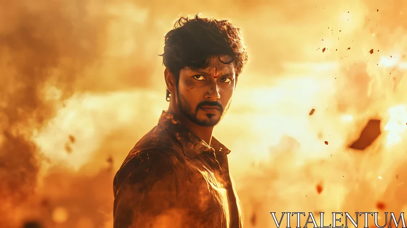 Backlit male subject framed in high-intensity explosive orange haze