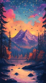 Mountain valley river reflects vivid sunset sky and forest