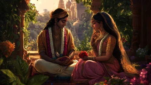 Luminous devotional couple in verdant temple courtyard at dusk.