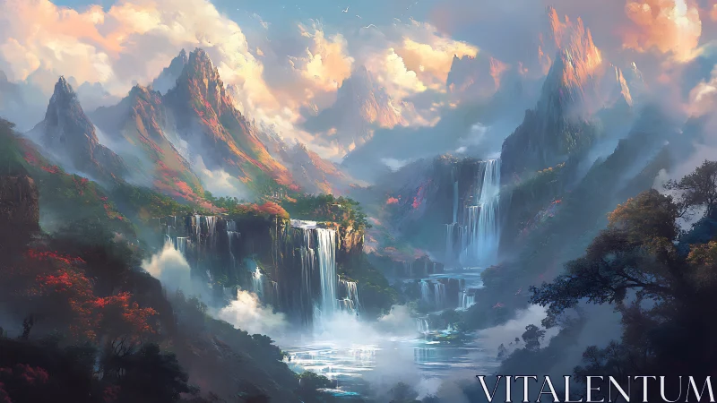 Digital painting of cascading waterfalls in ethereal mountain valley.