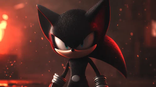 Black anthropomorphic hedgehog figure in glowing red light.