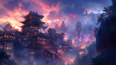 Layered mountain cityscape shows dense luminous architecture