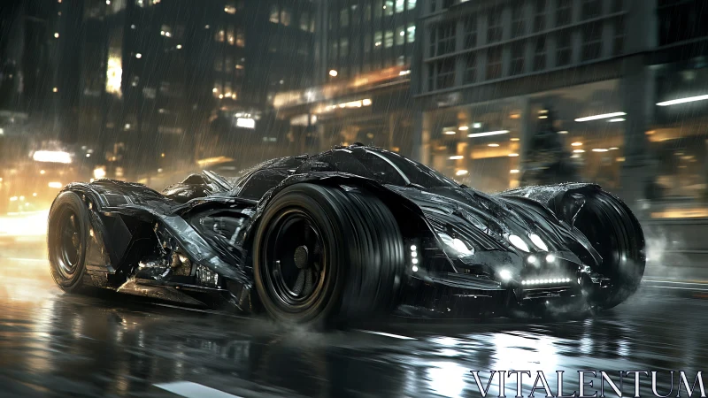Aerodynamic stealth hypercar accelerates through rain-soaked neon city