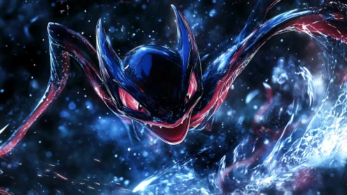 Sleek alien creature lunges forward in dark blue water.