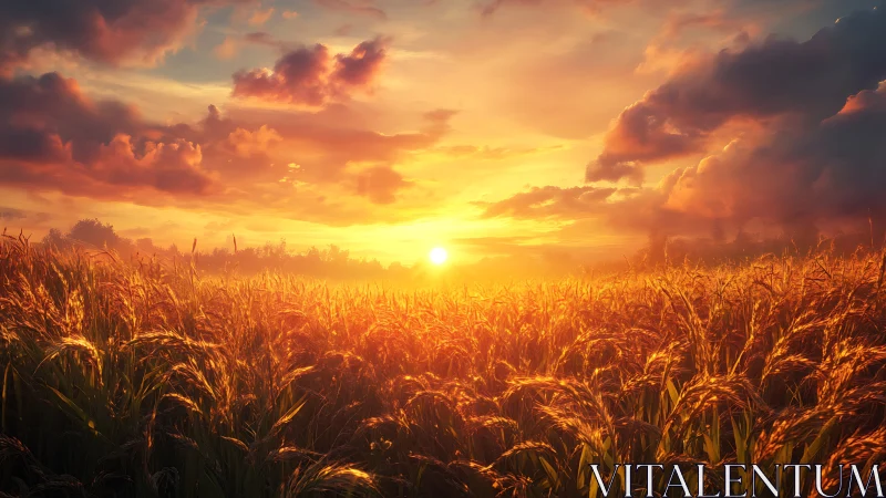 Low-angle sunset illumination across dense wheat field canopy