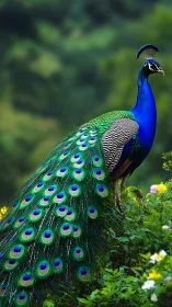 Iridescent male peafowl in rainforest-edge habitat profile.
