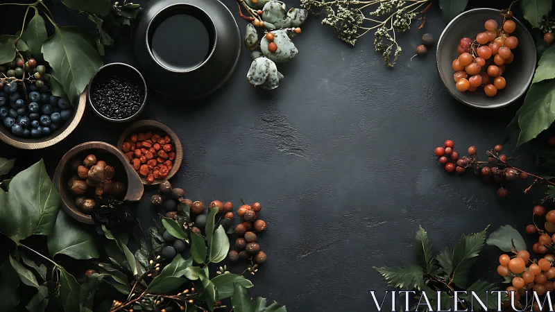 Forager&rsquo;s twilight table of berries, leaves, and secret bowls.