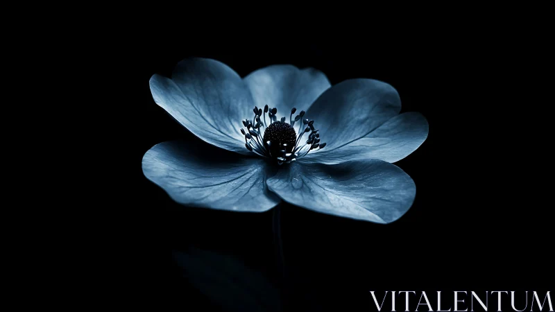 Blue Anemone Flower Against Black Background with Visible Stamen