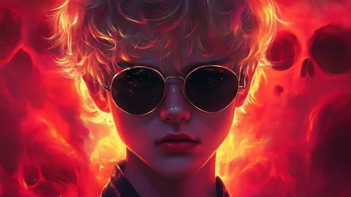 Blond youth in shades stands before burning skull inferno.