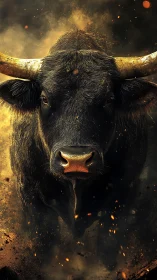 Charging black bull rendered in dramatic photorealistic detail