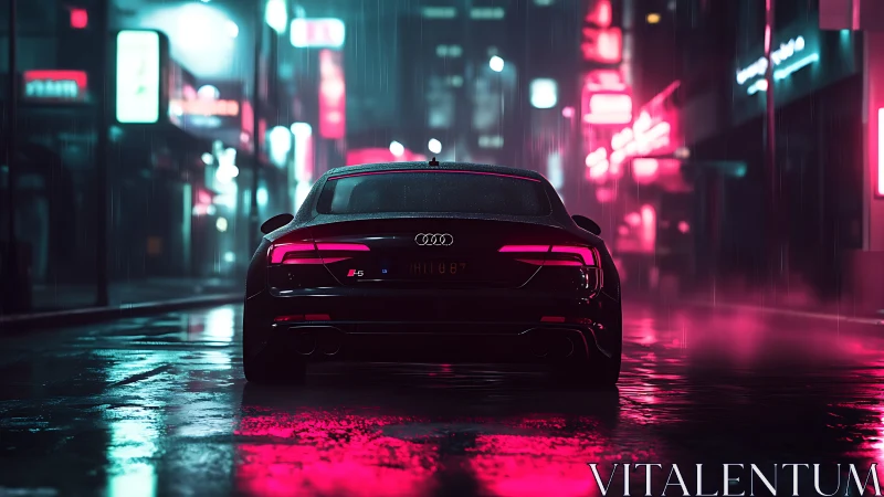 Sport sedan glows under neon rain on empty night street