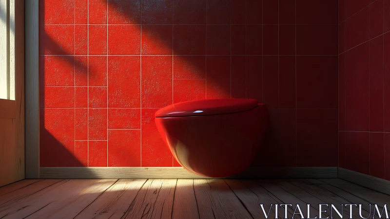Sunlit red bathroom nook with a modern floating toilet.