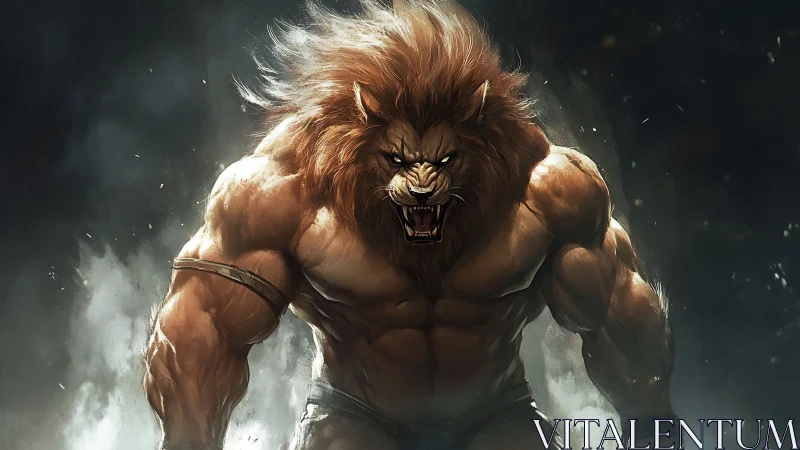 Mythic lion warrior roaring amid swirling battlefield haze.