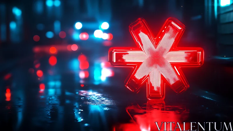 Neon red asterisk light in wet cyberpunk alley bokeh night