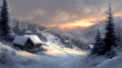 Snowy alpine village glows under a tranquil winter sunset.
