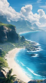 Dramatic Coastal Cliffs Meet Crescent Beach Under Cumulus Clouds.