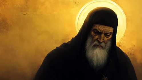Elderly robed figure with halo on textured golden background.