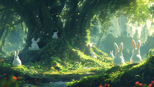 White rabbits gather beneath luminous ancient forest canopy