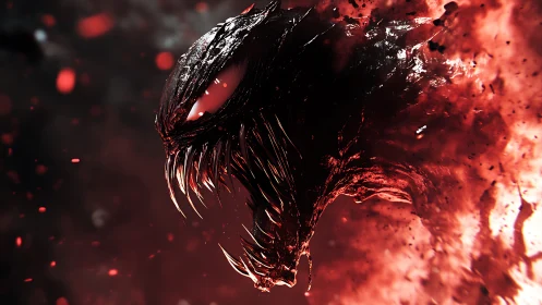 Demonic creature roars in molten red haze with jagged fangs