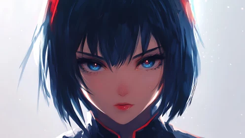 Blue-eyed warrior portrait under cool radiant backlight.