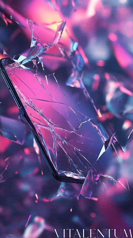 Fractured smartphone glass in neon chromatic dispersion field.