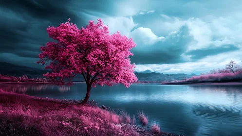 Solitary pink tree stands beside reflective lake under clouds