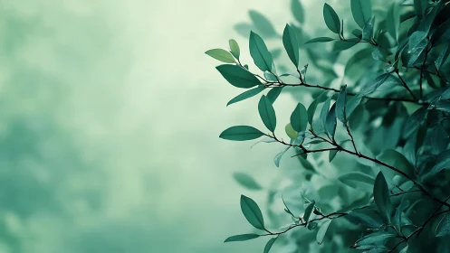 Tranquil green leaves on branch with soft blurred background.