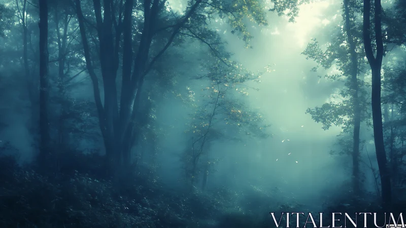 Misty sunrise filters through a serene, enchanted forest