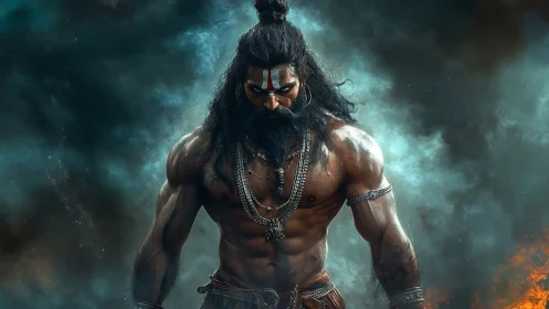 Storm-lit warrior sage emerges from swirling sacred smoke.