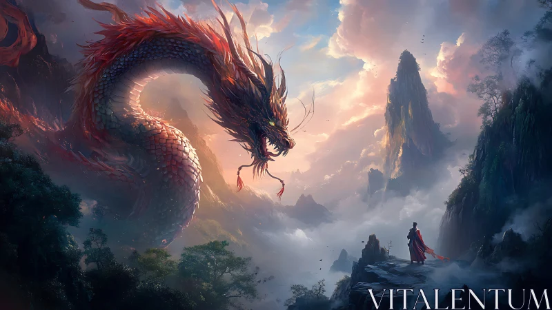 Colossal celestial dragon confronts lone figure in misted peaks