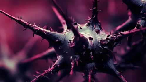 Moody thorny macro form bathed in deep magenta light.