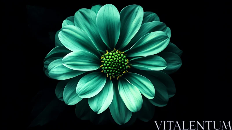 Turquoise Cosmos Flower With Vibrant Yellow Stamens Against Black Background.