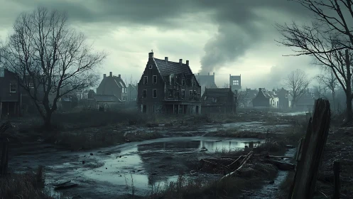 Deserted semi-rural settlement surrounds stagnant waterway