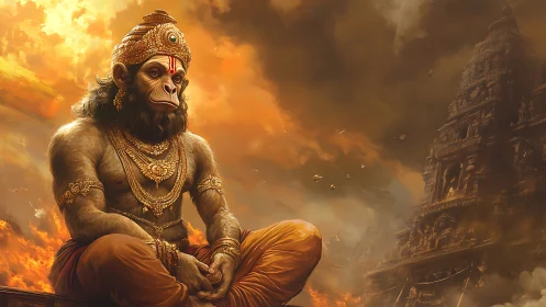 Majestic monkey warrior rests calmly before a burning temple