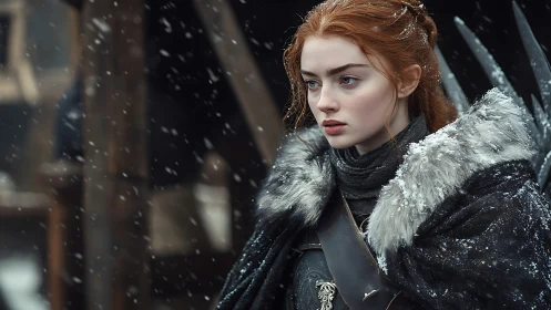 Red haired warrior woman in fur cloak in falling snow.