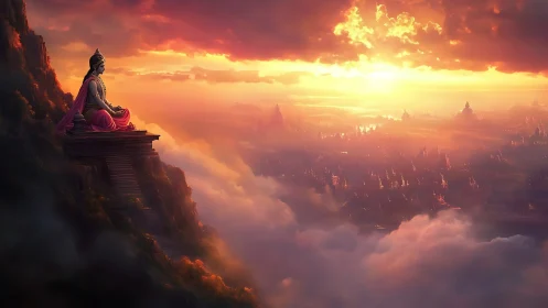 Meditating deity overlooks radiant cloud city at sunrise
