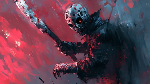 Masked figure holds bloodstained blade amid abstract strokes