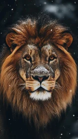 Snow-dusted lion stares forward in dramatic winter silence.
