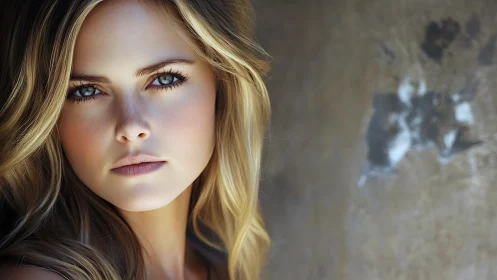 Portrait with intense blue eyes near textured wall.