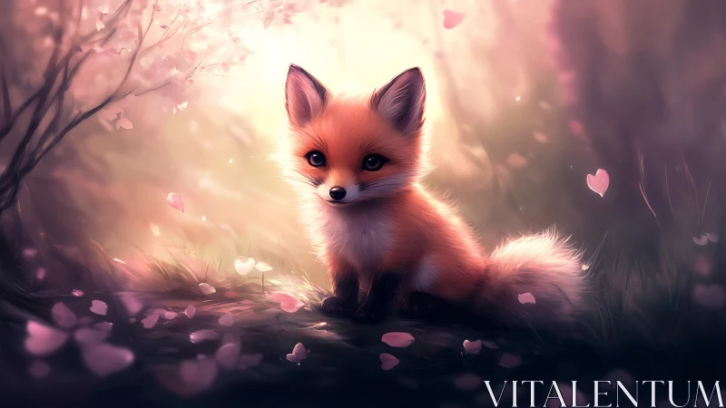 Softly backlit fox cub in ethereal blossom-filled glade
